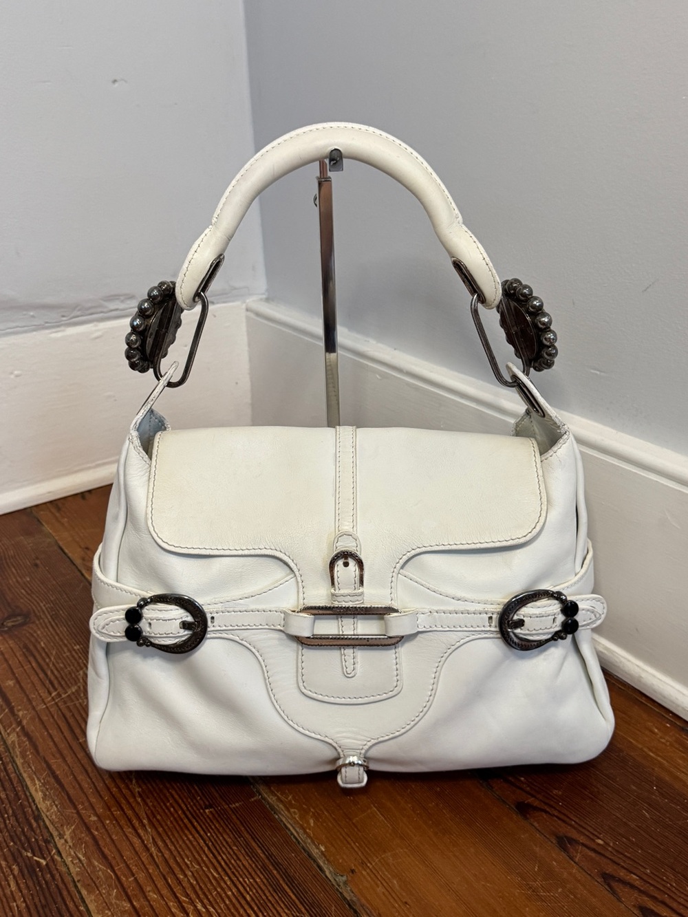 Jimmy Choo White Leather Tulita Satchel Shoulder Bag w/ Western Onyx Concho
